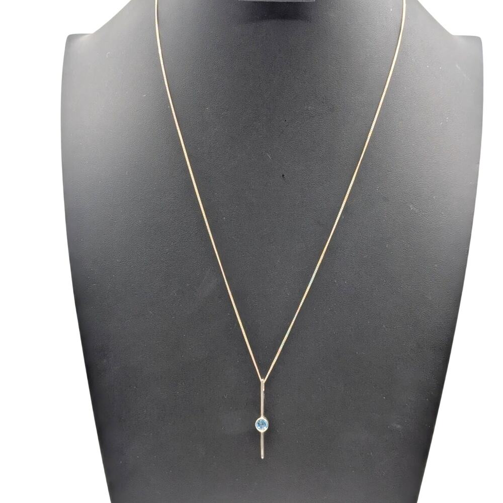 925 Sterling Silver Bezel Set Blue Spinel Bar Pendant 24" Chain Necklace
